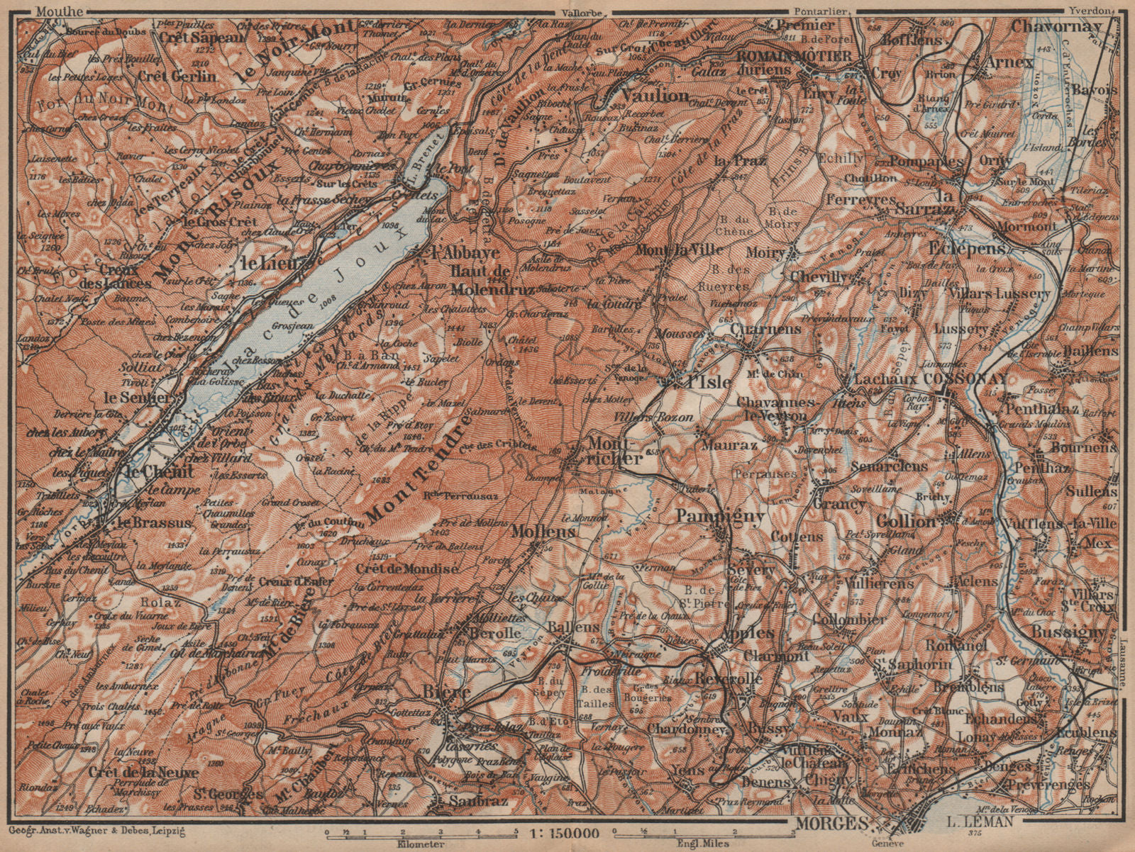 WESTERN JURA. Morges Cossonay Vaulion Mont Risoux/Tendre Lac de Joux 1907 map